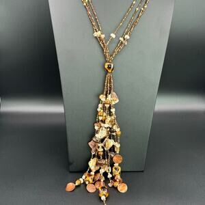 Vintage Dyed Brown Sea Shell Seed Bead Multi Strand Handcrafted Fringed Necklace